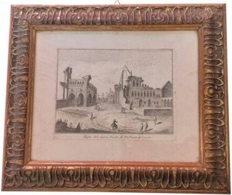 Stampa antica con veduta di città in cornice dorata