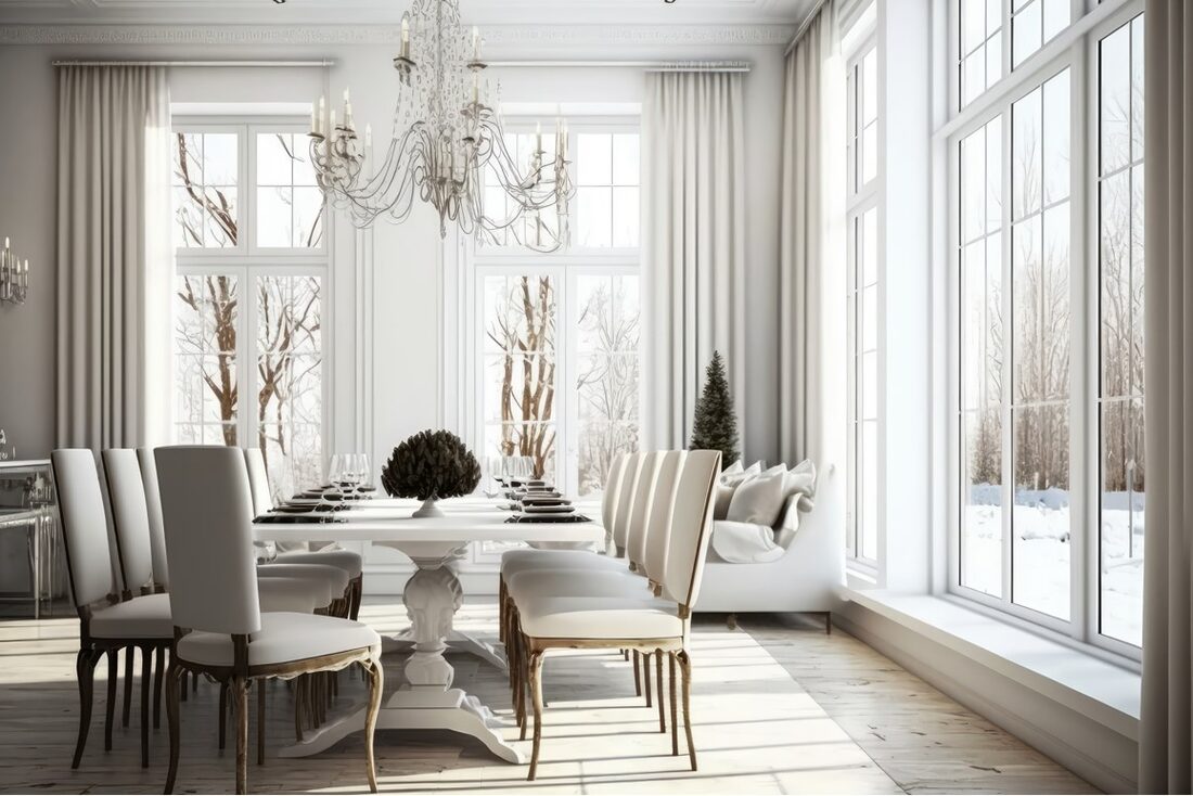 Sala da pranzo arredata con tavolo e sedie in stile